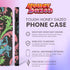 Phone case featuring baroque-style blue cat with green eyes surrounded by mint green foliage and pink flourishes on black background, Victorian-inspired desig